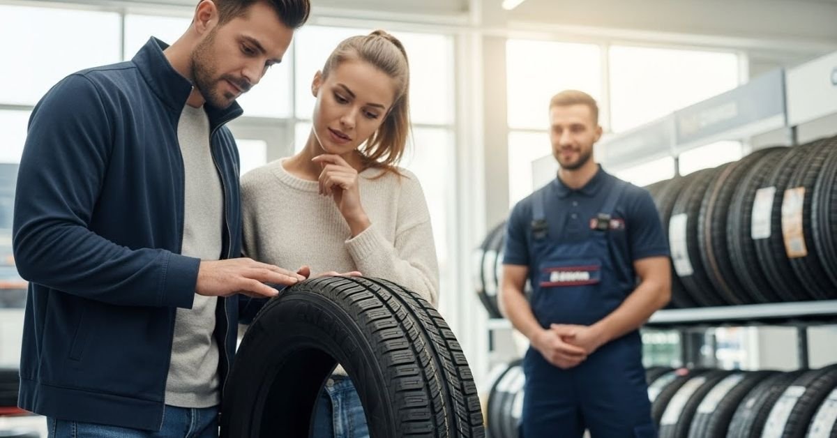 Casal avaliando um pneu em loja especializada, com consultor ao fundo, ilustrando análise prática sobre se o pneu Aderenza é bom