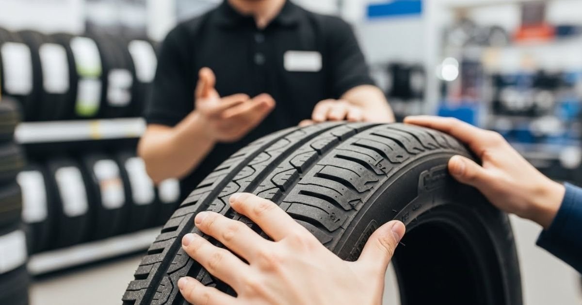 Cliente analisando um pneu em loja automotiva moderna, avaliando na prática se o pneu Agate é bom