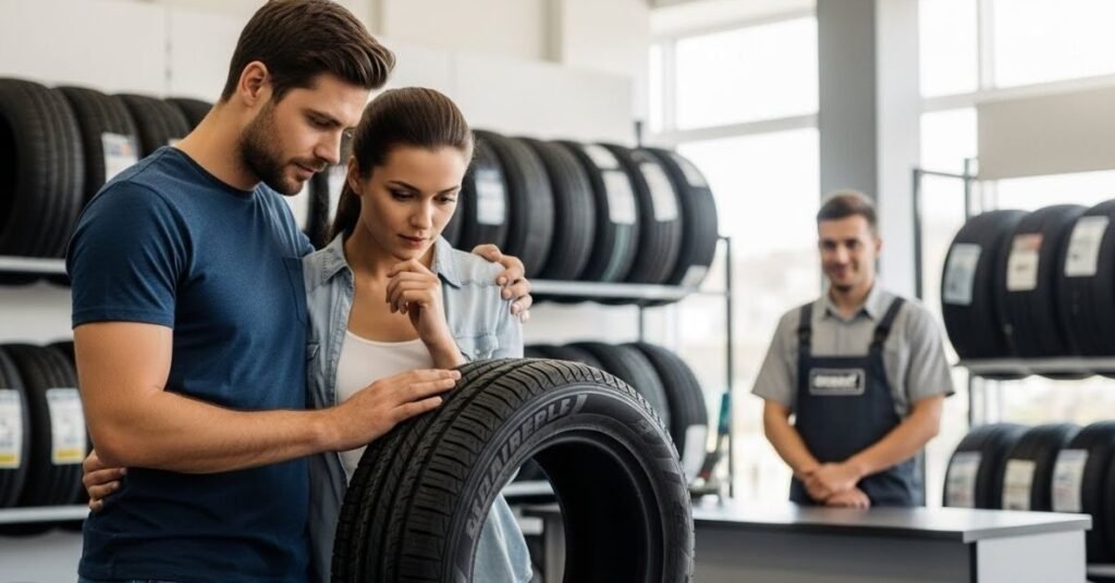 Casal avaliando um pneu em loja especializada, com consultor ao fundo, ilustrando análise prática sobre se o pneu Antares é bom