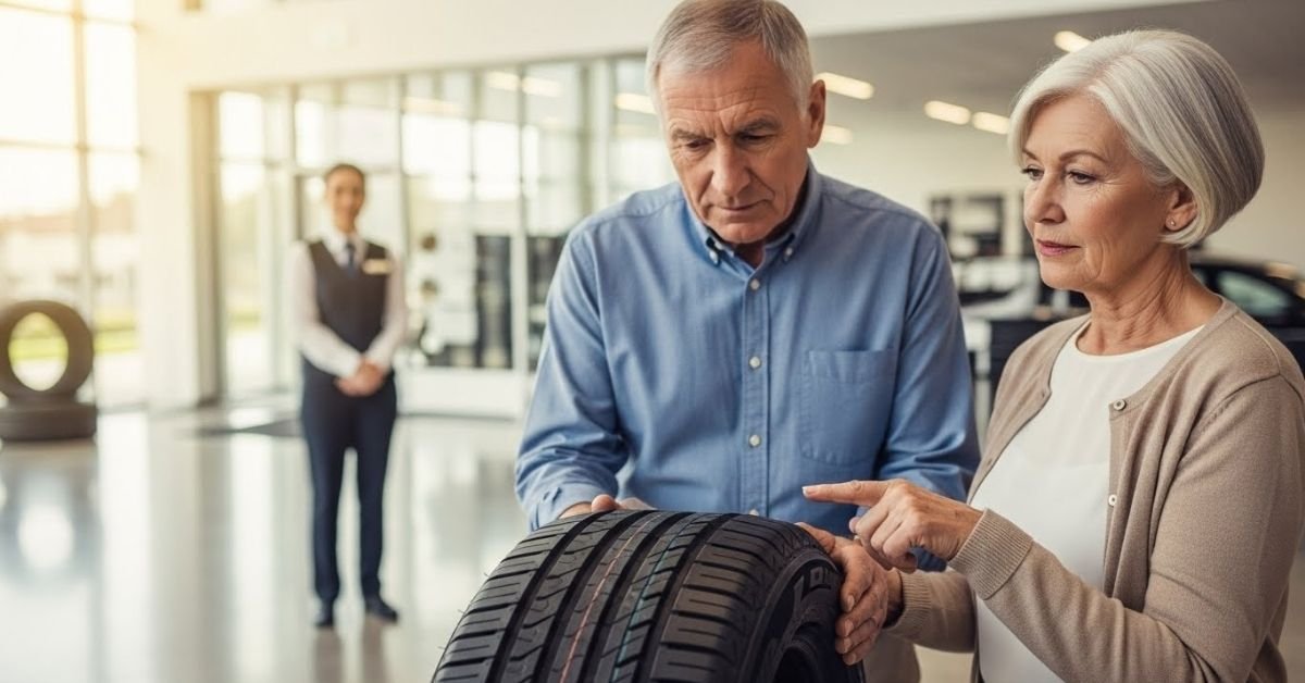 Casal avaliando um pneu em loja especializada, com consultor ao fundo, ilustrando análise prática sobre se o pneu Aoteli é bom