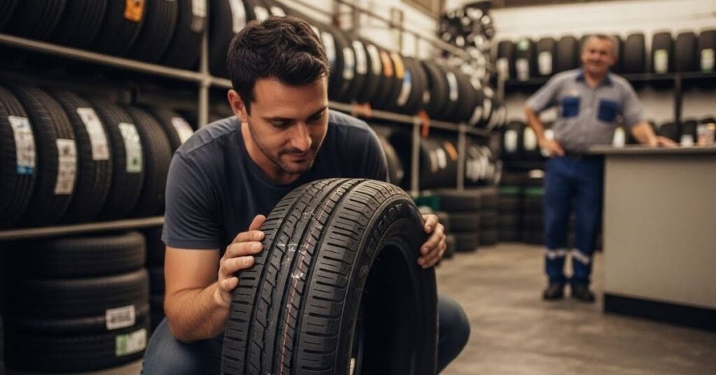 Cliente analisando um pneu em loja automotiva, avaliando na prática se o pneu Aptany é bom