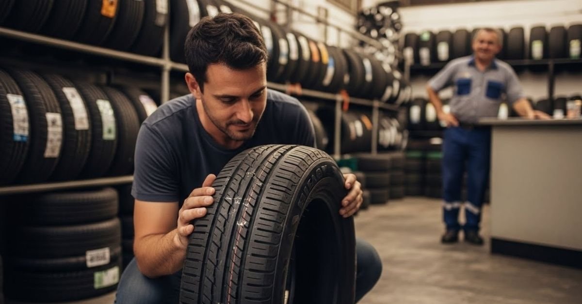 Cliente analisando um pneu em loja automotiva, avaliando na prática se o pneu Aptany é bom