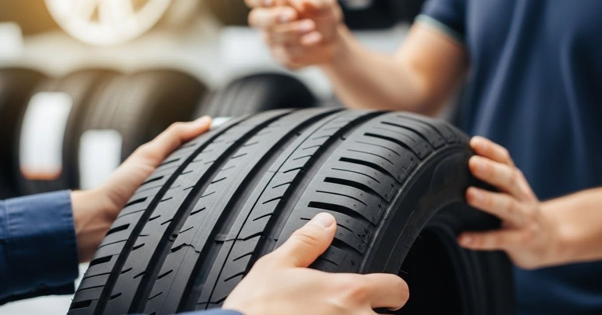 Cliente analisando um pneu em showroom automotivo moderno, avaliando com atenção se o pneu Autogreen é bom