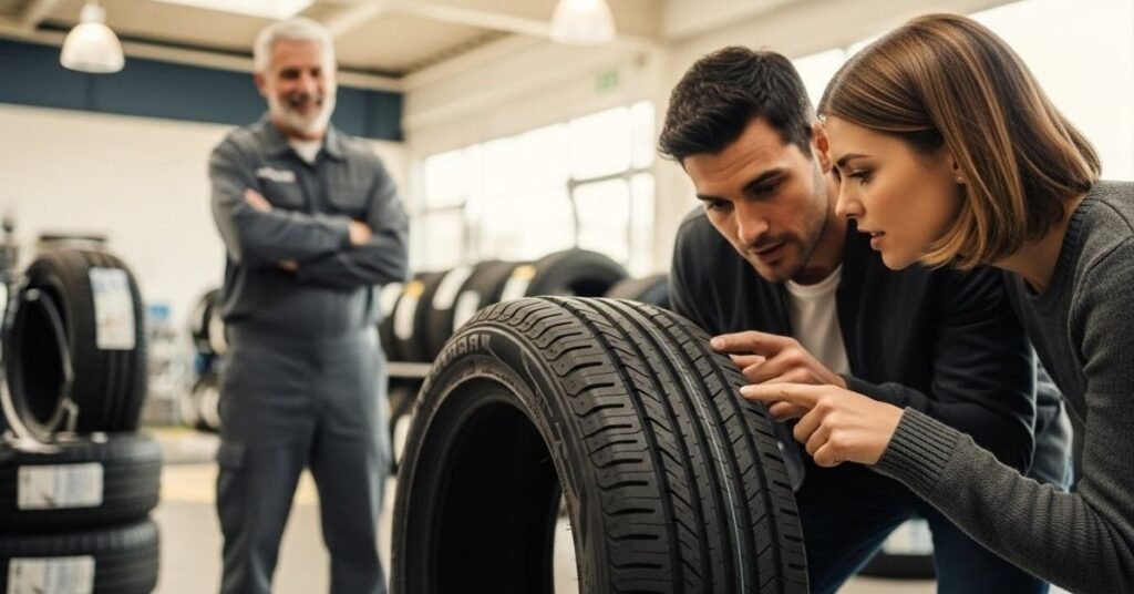 Casal avaliando um pneu em loja especializada, com consultor ao fundo, ilustrando análise prática sobre se o pneu Barum é bom