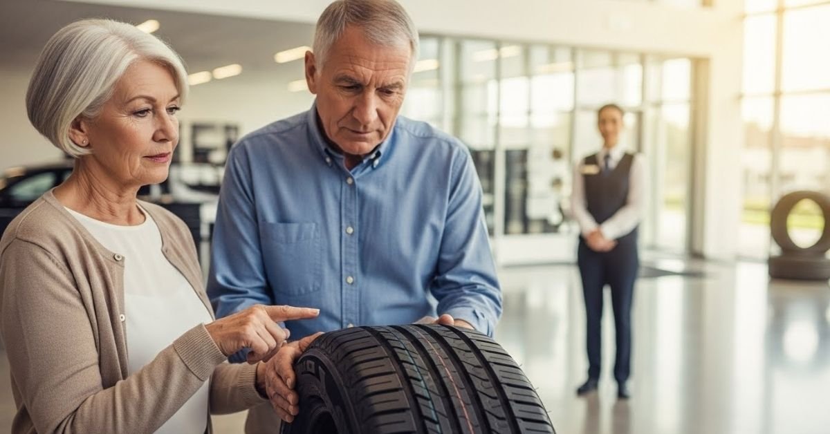Casal de clientes analisando um pneu em loja automotiva moderna, avaliando na prática se o pneu Conforser é bom