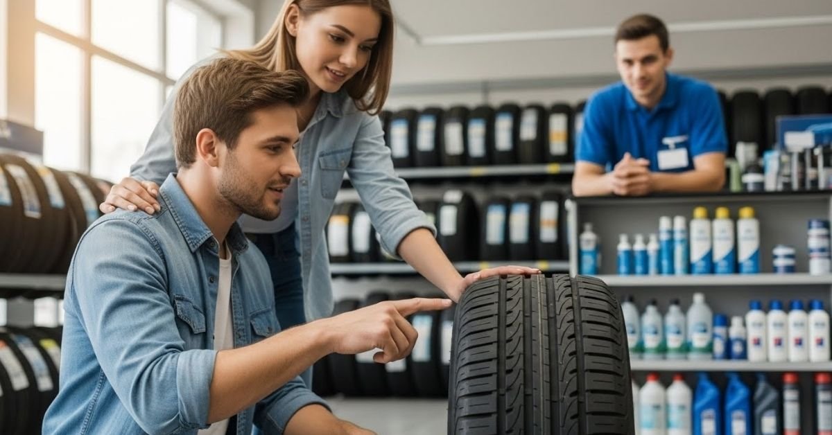 Casal de clientes analisando um pneu em loja automotiva moderna, avaliando na prática se o pneu Dynamo é bom
