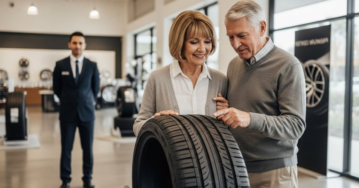 Casal avaliando um pneu em loja especializada, com consultor ao fundo, ilustrando análise prática sobre se o pneu Wanli é bom