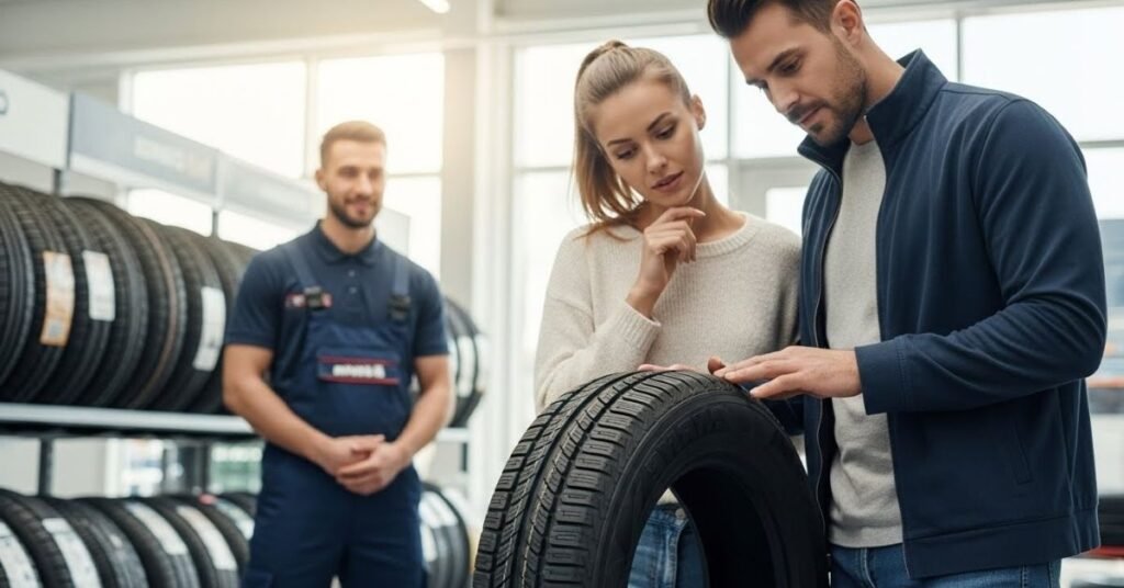 Casal de clientes analisando um pneu em loja automotiva moderna, avaliando na prática se o pneu Continental é bom