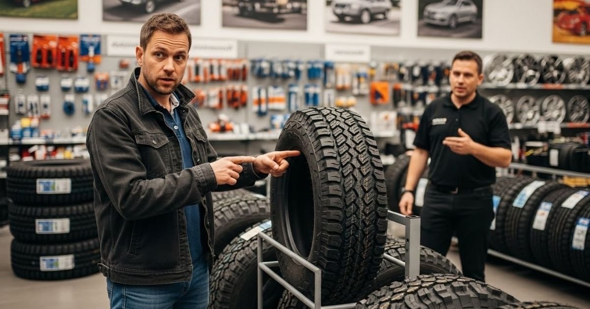 Cliente analisando um pneu em loja automotiva, avaliando na prática se o pneu Farroad é bom
