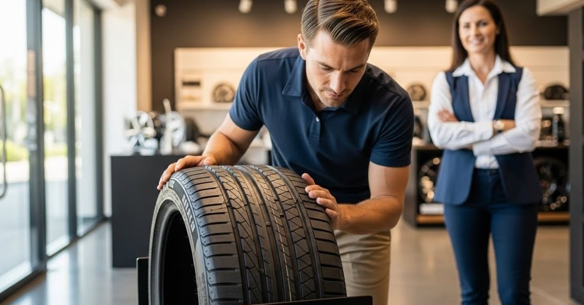 Cliente analisando um pneu em showroom automotivo, avaliando com atenção se o pneu Firestone é bom