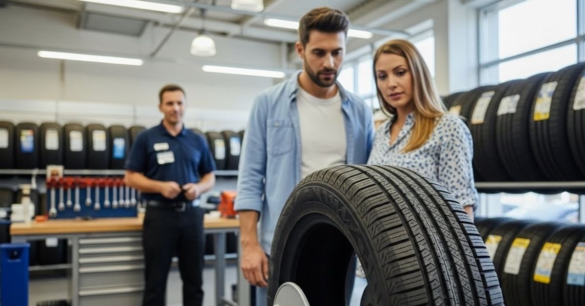 Casal avaliando um pneu em loja especializada, com consultor ao fundo, ilustrando análise prática sobre se o pneu Delinte é bom
