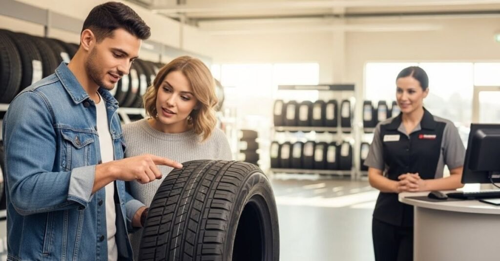 Casal avaliando um pneu em loja especializada, com consultor ao fundo, ilustrando análise prática sobre se o pneu Fate é bom