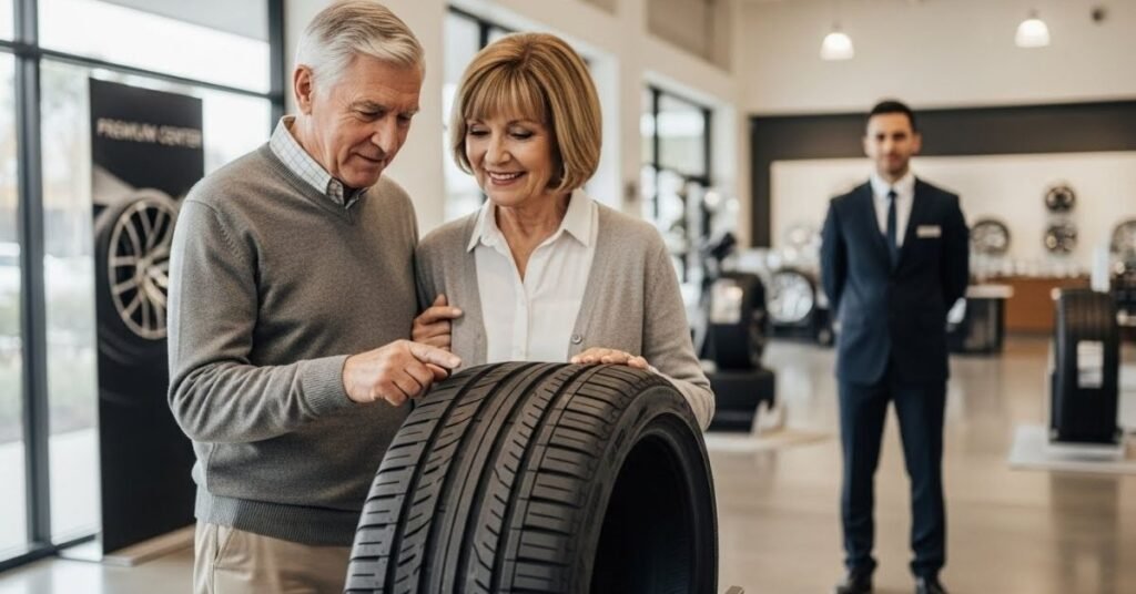 Casal de clientes analisando um pneu em loja automotiva moderna, avaliando na prática se o pneu Ferentino é bom