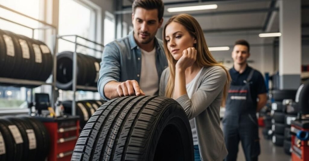 Casal avaliando um pneu em loja especializada, com consultor ao fundo, ilustrando análise prática sobre se o pneu Fortune é bom