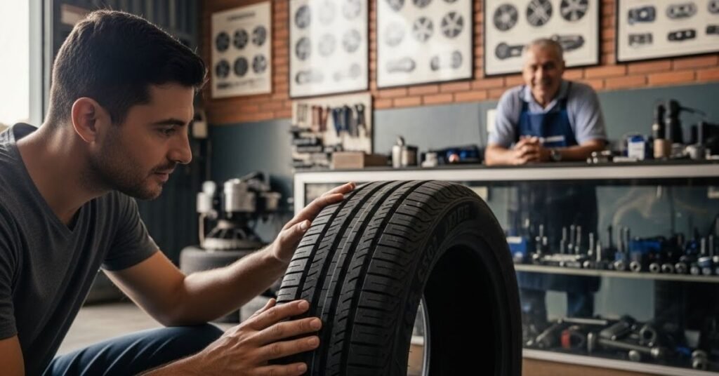 Cliente analisando um pneu em showroom automotivo moderno, avaliando com atenção se o pneu Gallante é bom