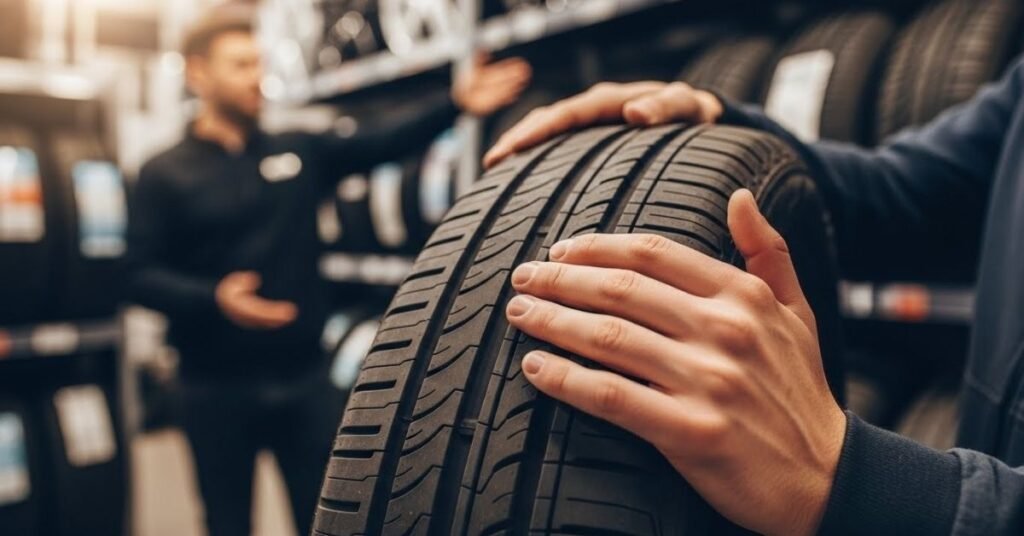 Cliente analisando um pneu em showroom automotivo, avaliando com atenção se o pneu Haida é bom