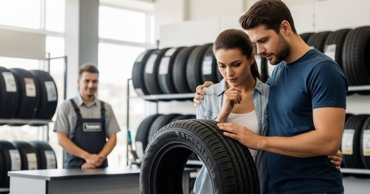 Cliente analisando um pneu em loja automotiva, avaliando na prática se o pneu Kumho é bom