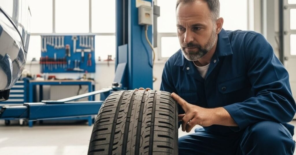 Mecânico especializado avaliando a condição de um pneu em oficina profissional, contexto real de análise sobre se o pneu Magnum é bom