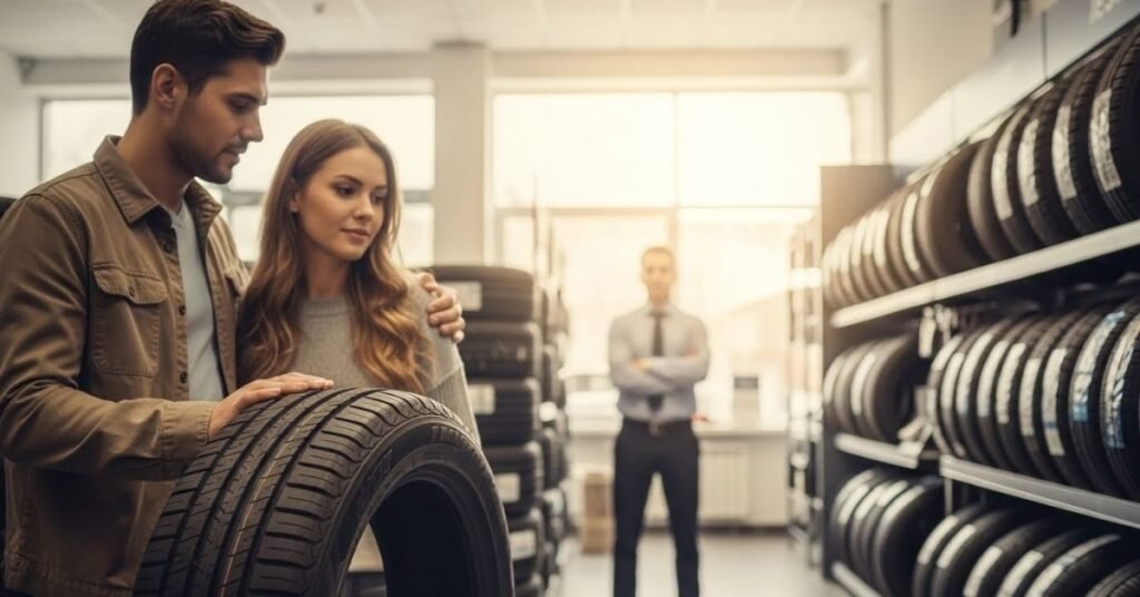 Casal de clientes analisando um pneu em loja automotiva moderna, avaliando na prática se o pneu Milever é bom