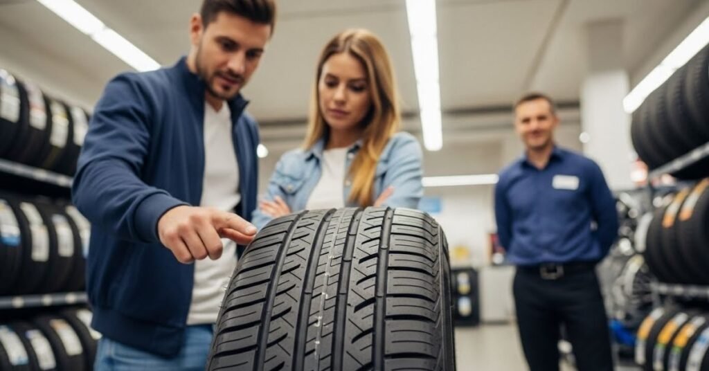 Casal avaliando um pneu em loja especializada, com consultor ao fundo, ilustrando análise prática sobre se o pneu Nexen é bom