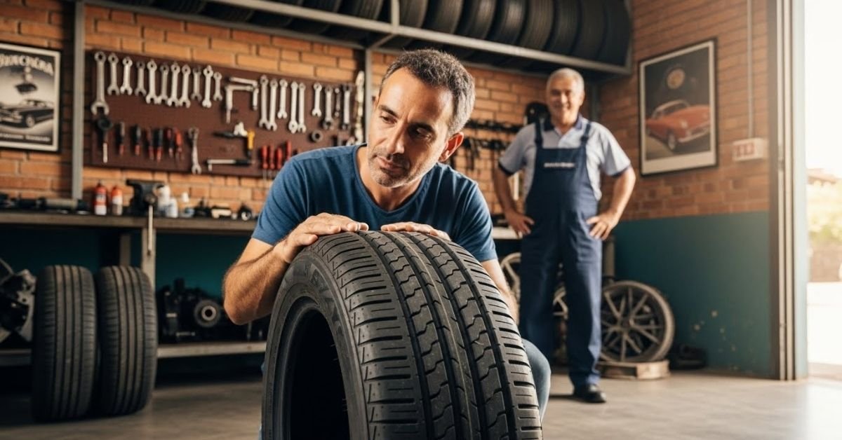 Cliente analisando um pneu em loja automotiva, avaliando na prática se o pneu Onyx é bom