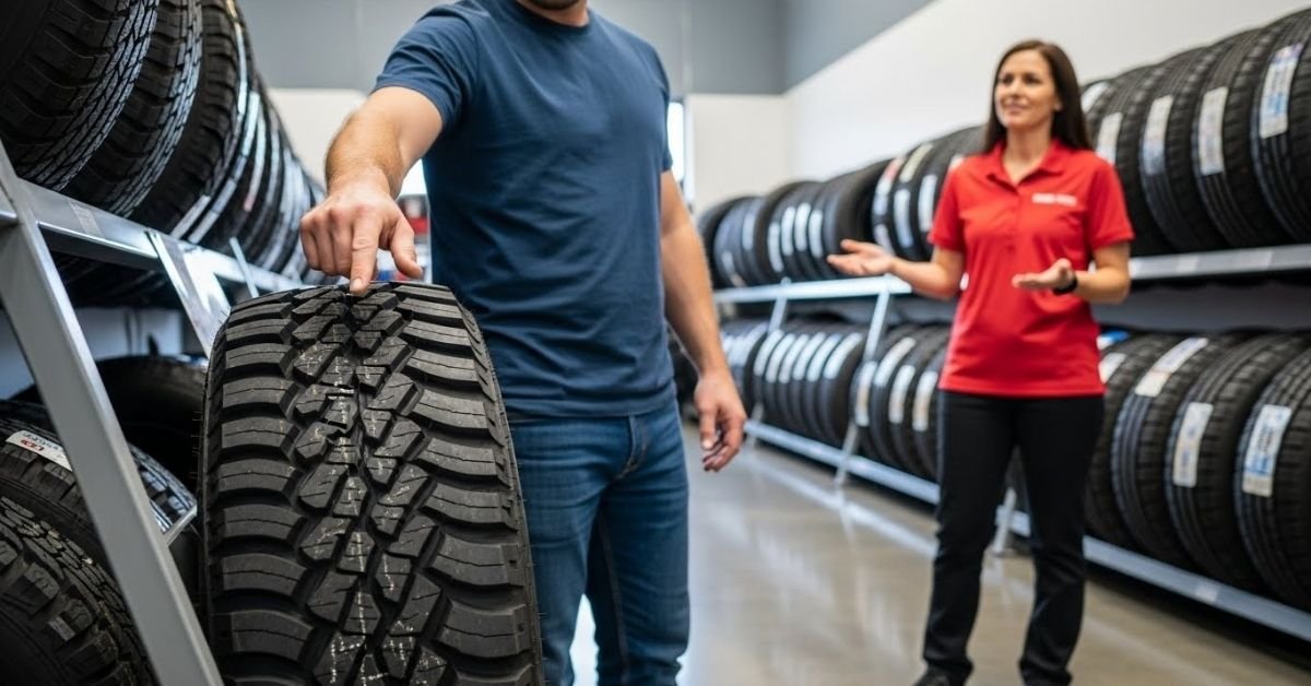 Cliente analisando um pneu em showroom automotivo, avaliando com atenção se o pneu Roadking é bom