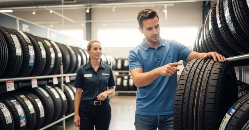 Cliente analisando um pneu em showroom automotivo, avaliando com atenção se o pneu Triangle é bom