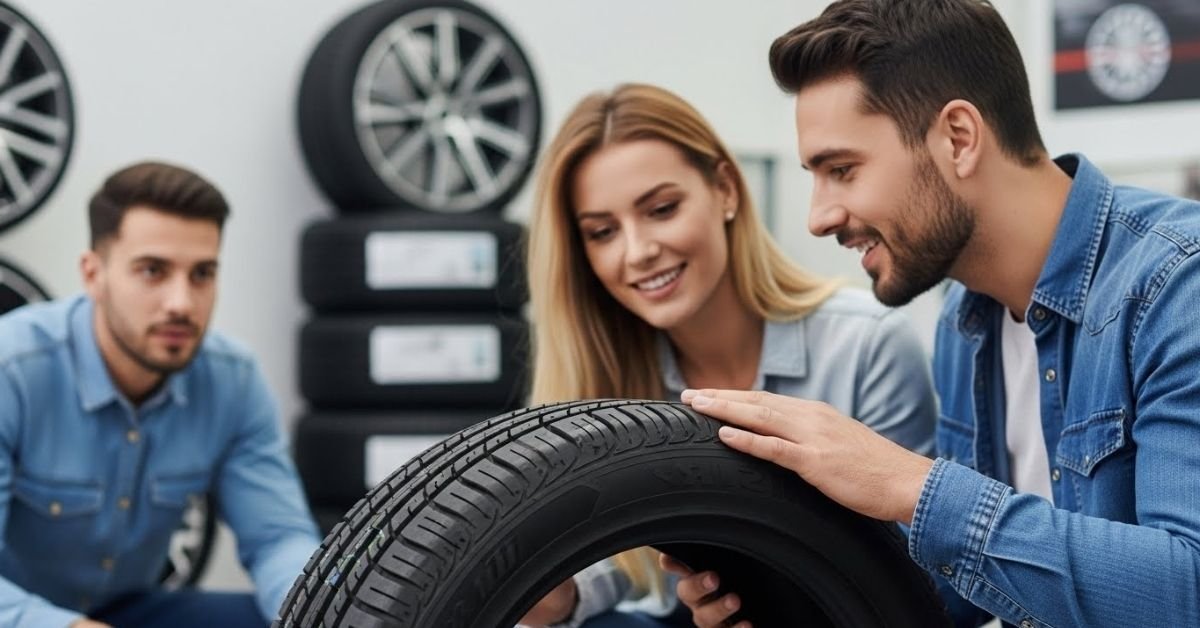 Casal de clientes analisando um pneu em loja automotiva moderna, avaliando na prática se o pneu Westlake é bom