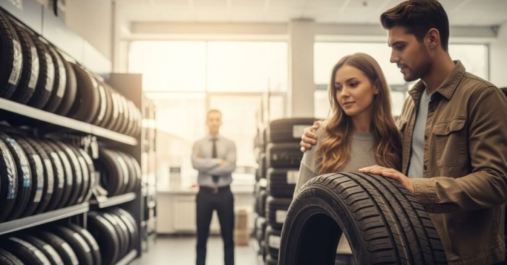 Casal avaliando um pneu em loja especializada, com consultor ao fundo, ilustrando análise prática sobre se o pneu Xbri é bom